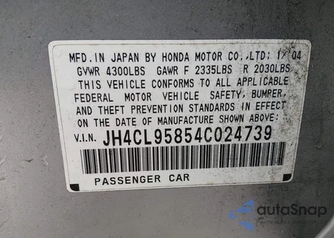 2004 Acura Tsx из США, поврежденный, VIN JH4CL95854C024739